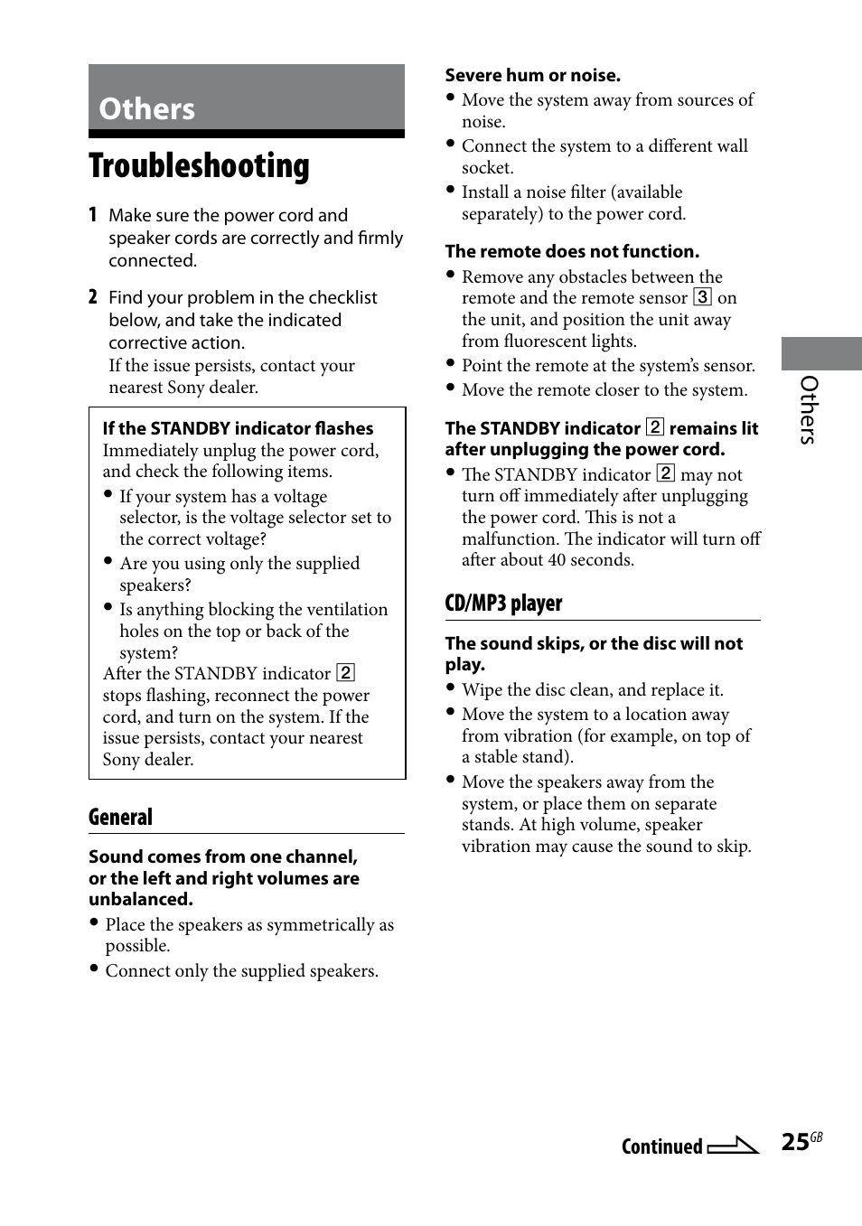 Others, Troubleshooting, General | Cd/mp3 player | Sony 3-293-639-11(1) User Manual | Page 25 / 36