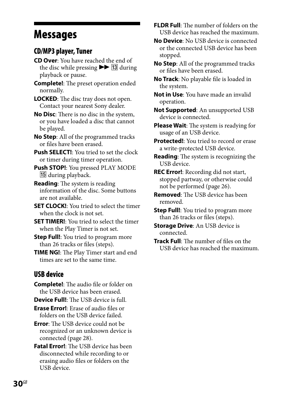 Messages, Cd/mp3 player, tuner, Usb device | Sony 3-293-639-11(1) User Manual | Page 30 / 36