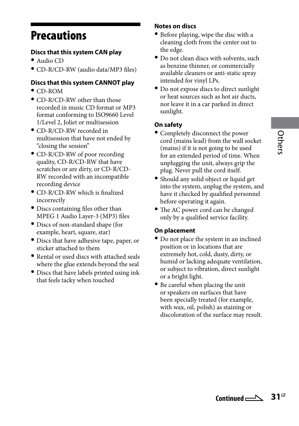 Precautions, Others | Sony 3-293-639-11(1) User Manual | Page 31 / 36