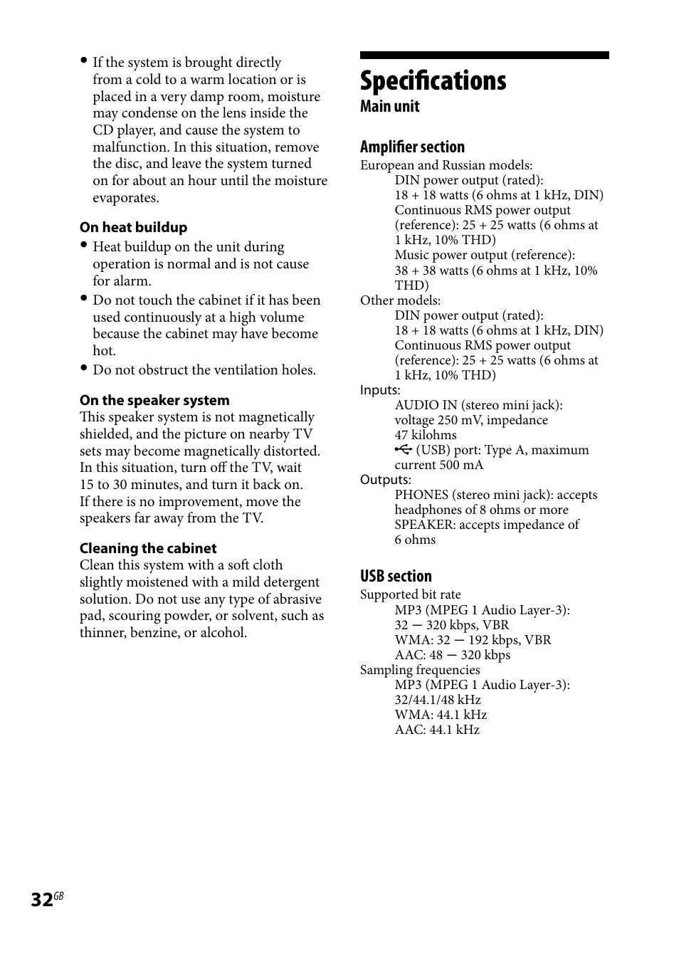 Specifications | Sony 3-293-639-11(1) User Manual | Page 32 / 36