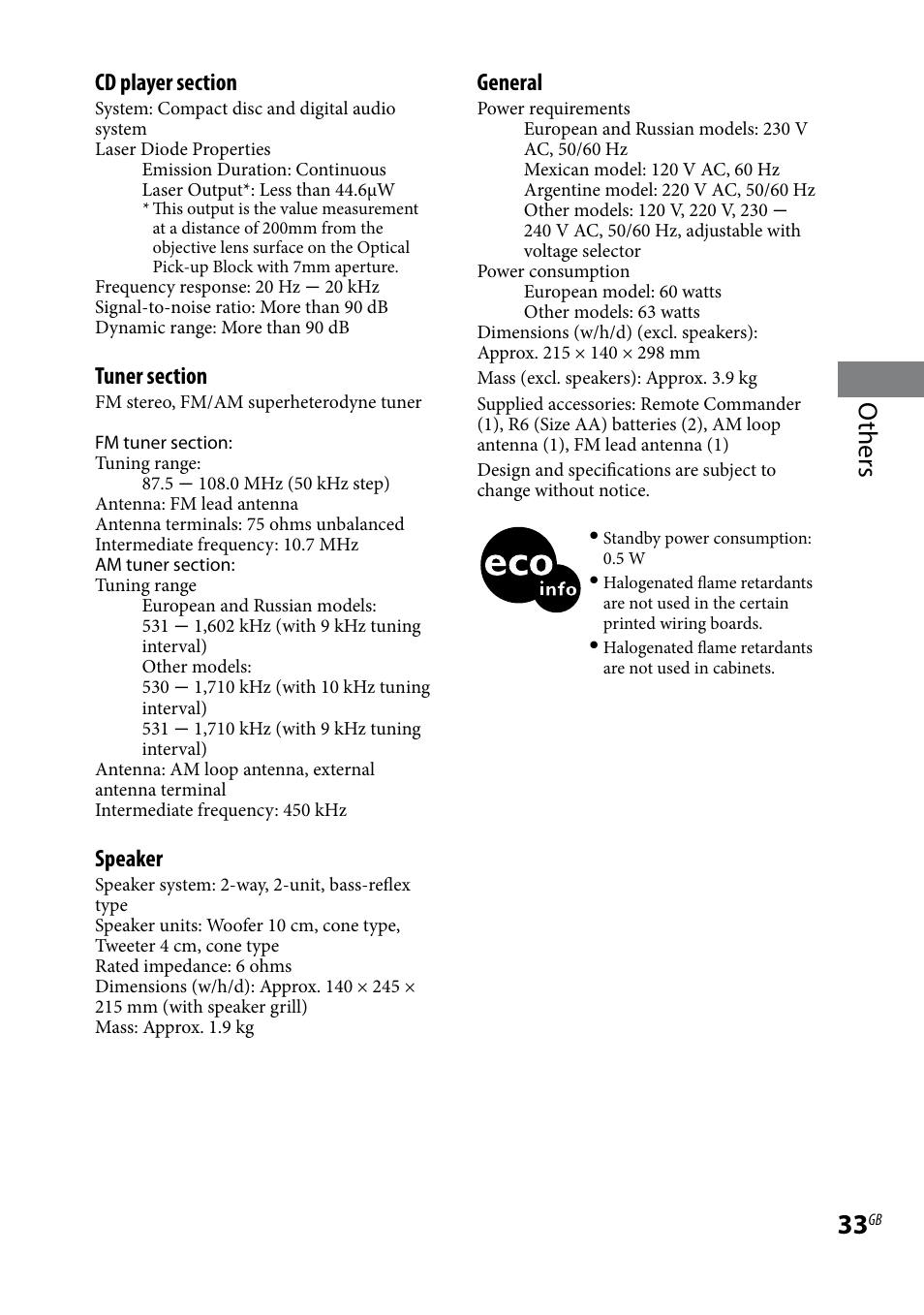Others, Speaker, General | Sony 3-293-639-11(1) User Manual | Page 33 / 36