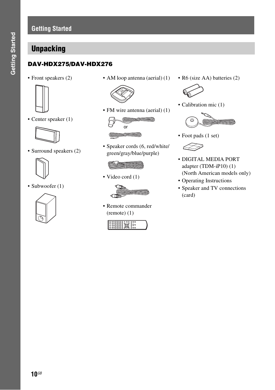 Getting started, Unpacking | Sony DAV-HDX475 User Manual | Page 10 / 116