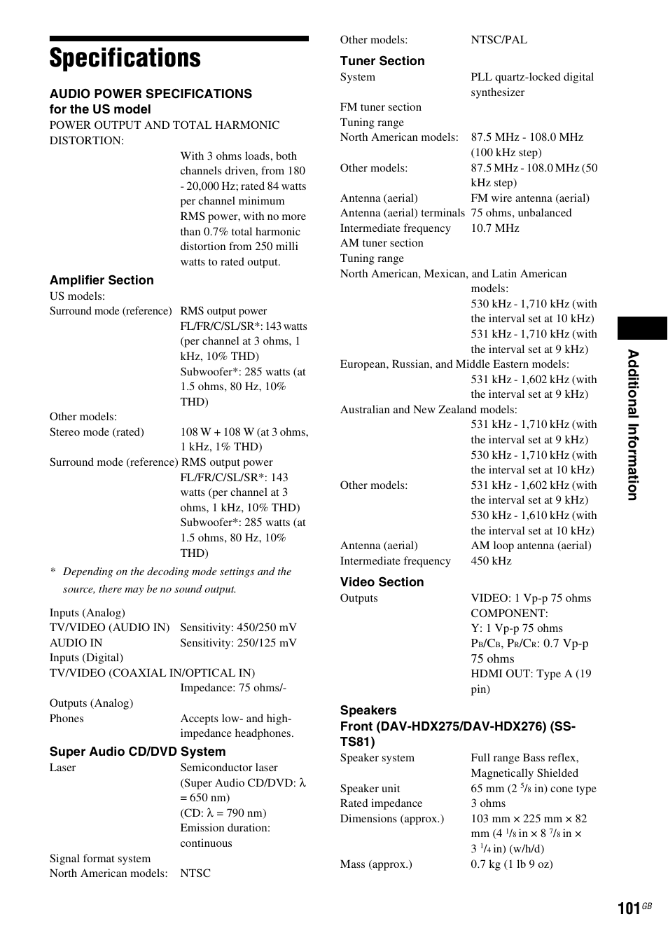 Specifications, Ad dit iona l inf o rma tion | Sony DAV-HDX475 User Manual | Page 101 / 116