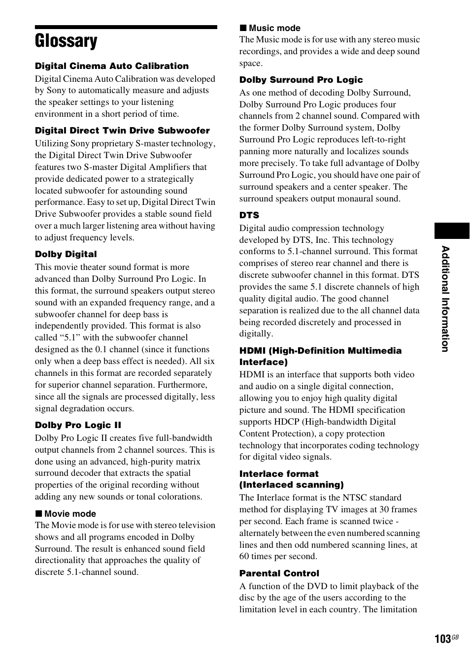Glossary | Sony DAV-HDX475 User Manual | Page 103 / 116
