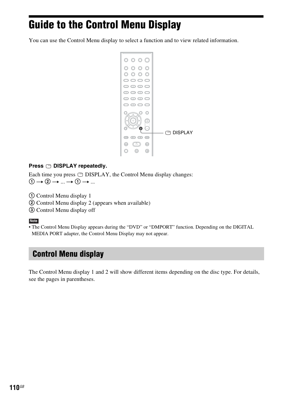 Guide to the control menu display, Control menu display | Sony DAV-HDX475 User Manual | Page 110 / 116