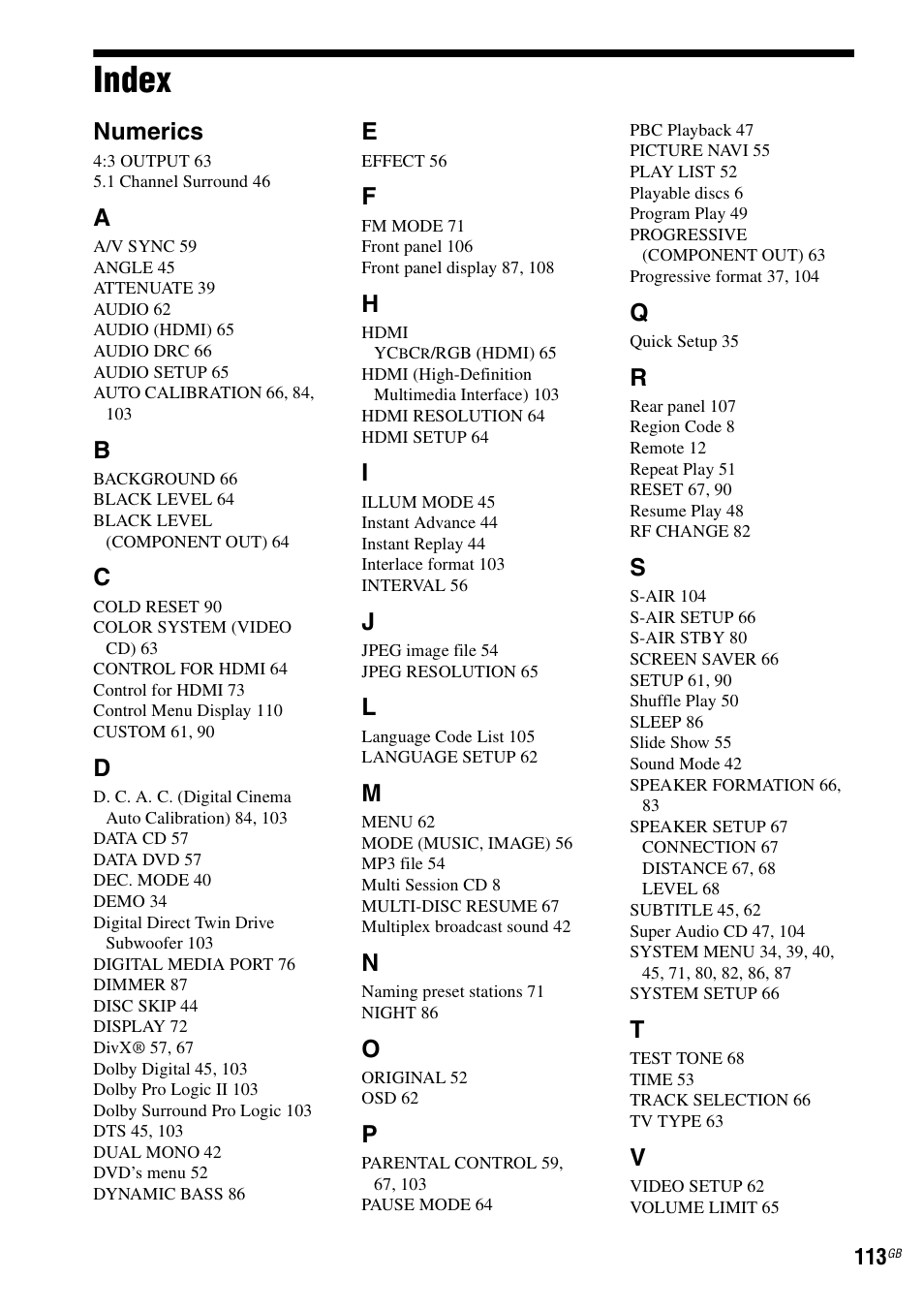Index, Numerics | Sony DAV-HDX475 User Manual | Page 113 / 116