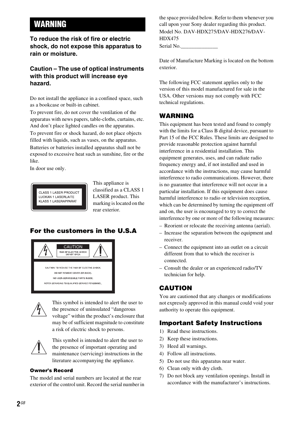 Warning | Sony DAV-HDX475 User Manual | Page 2 / 116
