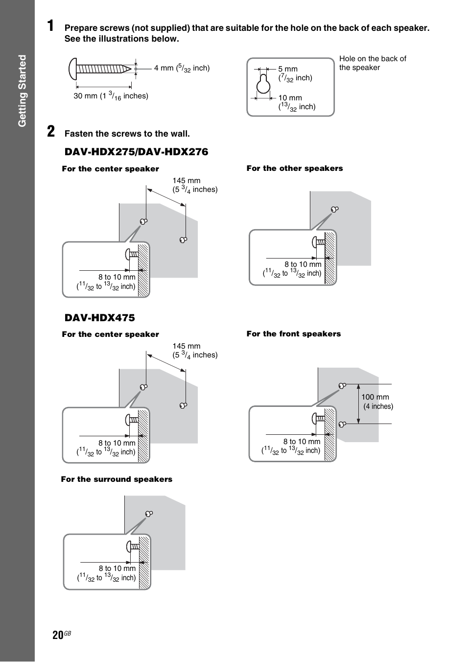 Gettin g star ted | Sony DAV-HDX475 User Manual | Page 20 / 116