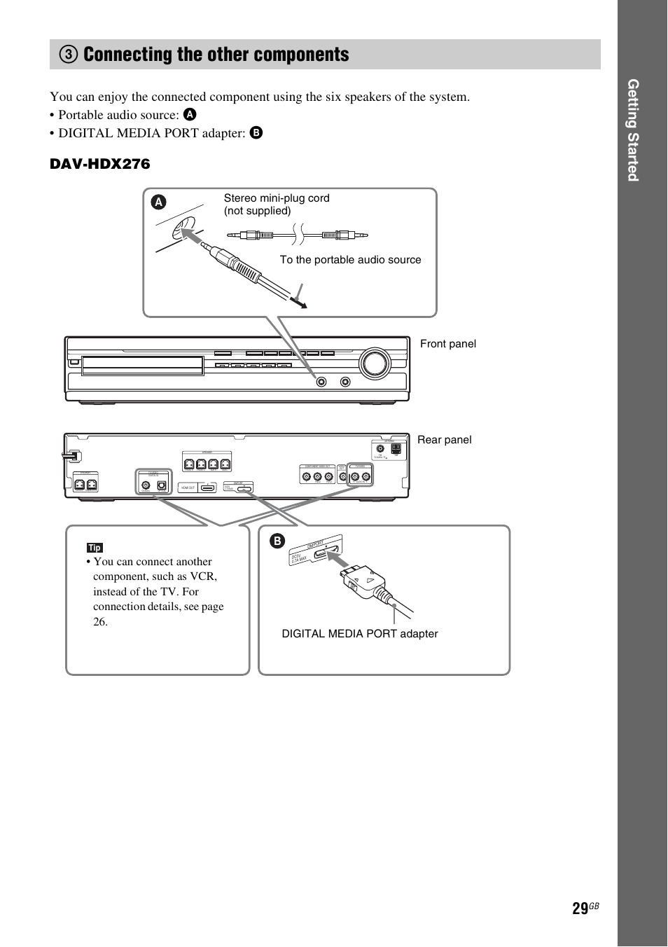 3 connecting the other components, 3connecting the other components, Ge tting star te d | Dav-hdx276 | Sony DAV-HDX475 User Manual | Page 29 / 116
