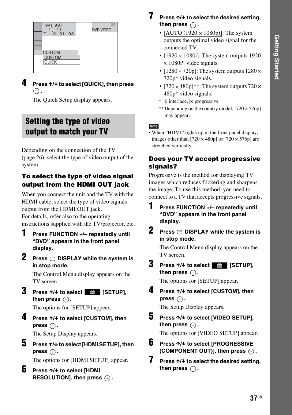 Setting the type of video output to match your tv | Sony DAV-HDX475 User Manual | Page 37 / 116