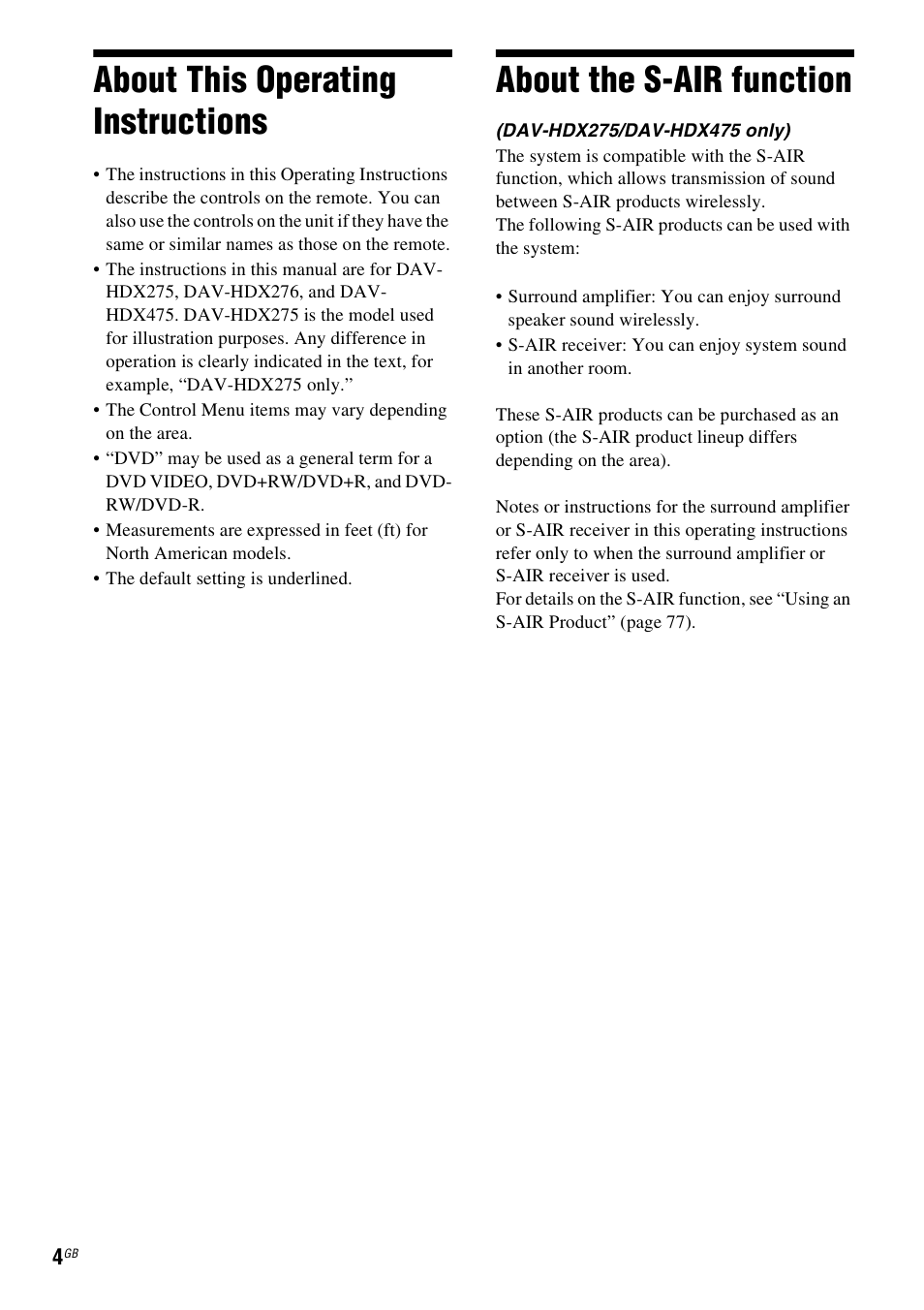About this operating instructions, About the s-air function | Sony DAV-HDX475 User Manual | Page 4 / 116