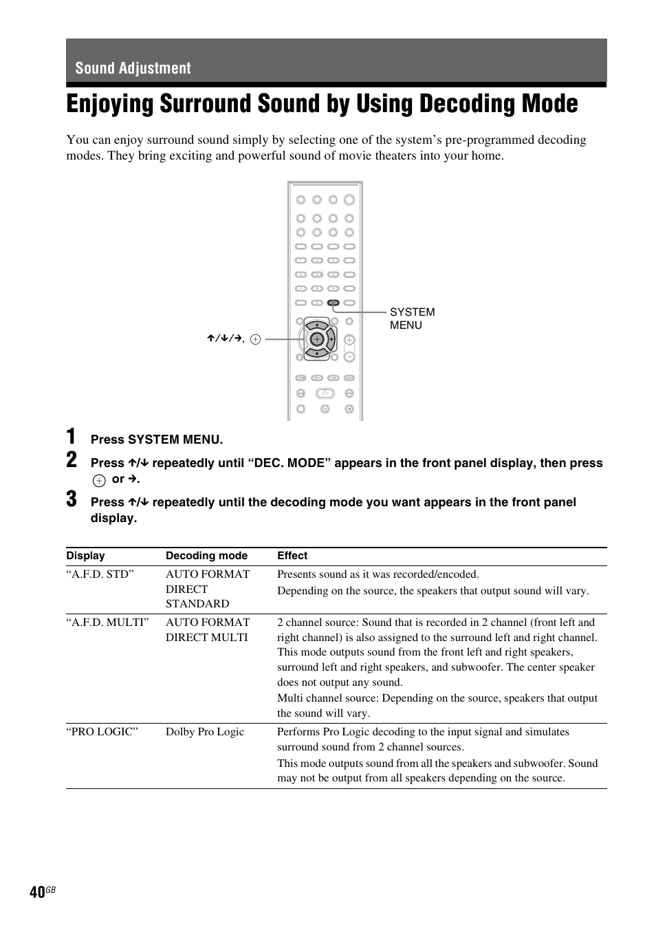 Sound adjustment, Enjoying surround sound by using decoding mode, Enjoying surround sound by using | Decoding mode | Sony DAV-HDX475 User Manual | Page 40 / 116