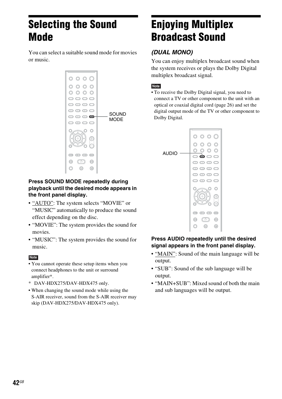 Selecting the sound mode, Enjoying multiplex broadcast sound | Sony DAV-HDX475 User Manual | Page 42 / 116