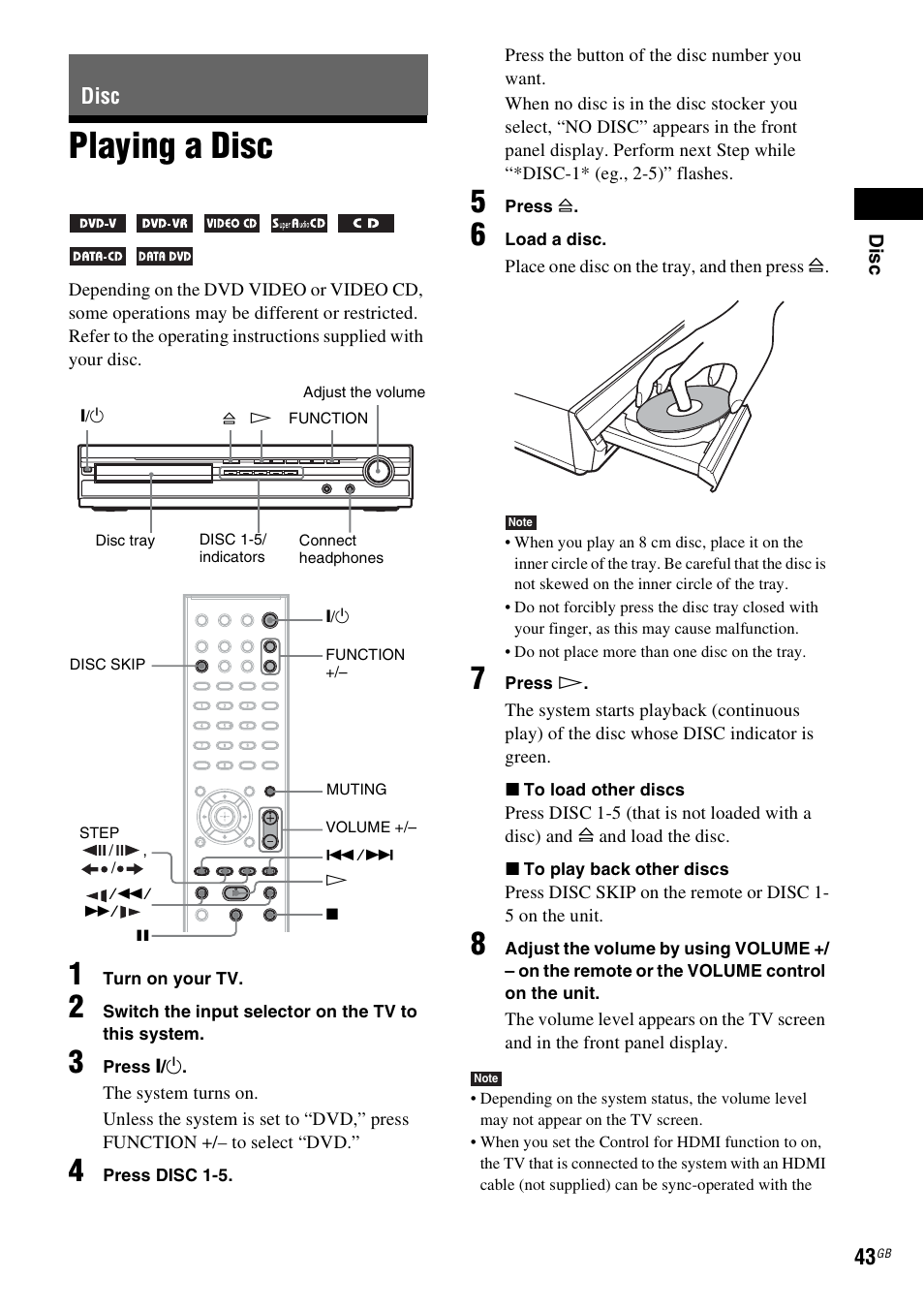 Disc, Playing a disc | Sony DAV-HDX475 User Manual | Page 43 / 116