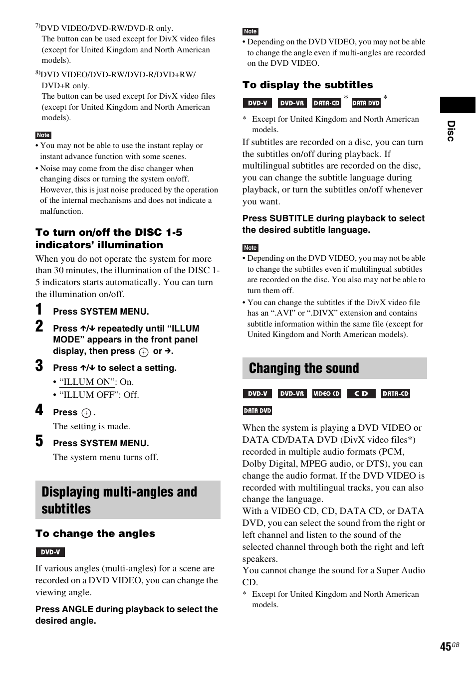 Displaying multi-angles and subtitles, Changing the sound | Sony DAV-HDX475 User Manual | Page 45 / 116