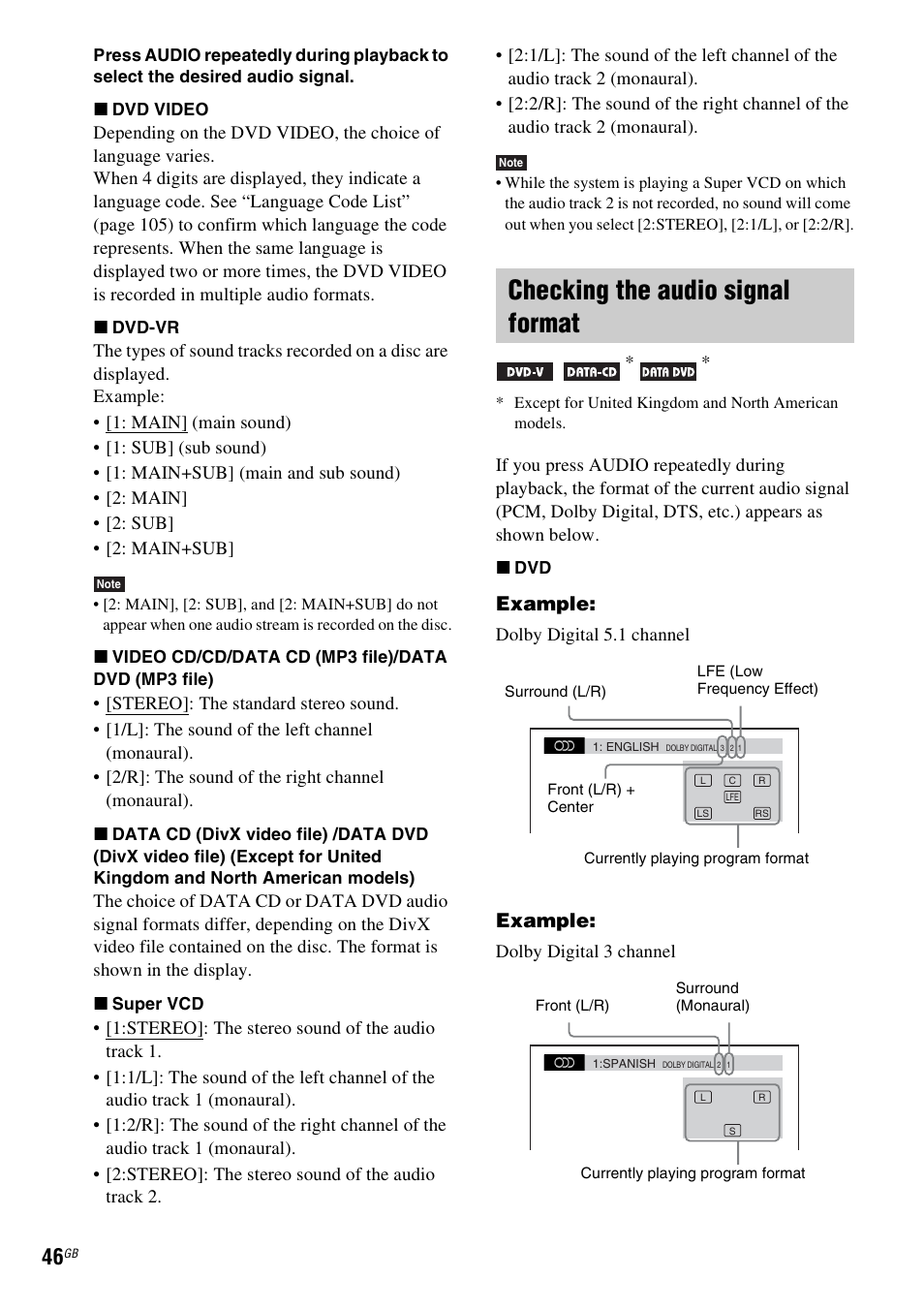 Checking the audio signal format, Example | Sony DAV-HDX475 User Manual | Page 46 / 116