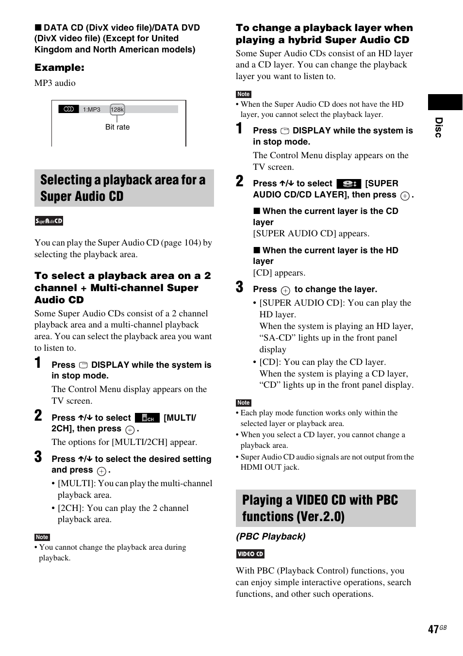 Selecting a playback area for a super audio cd, Playing a video cd with pbc functions (ver.2.0) | Sony DAV-HDX475 User Manual | Page 47 / 116