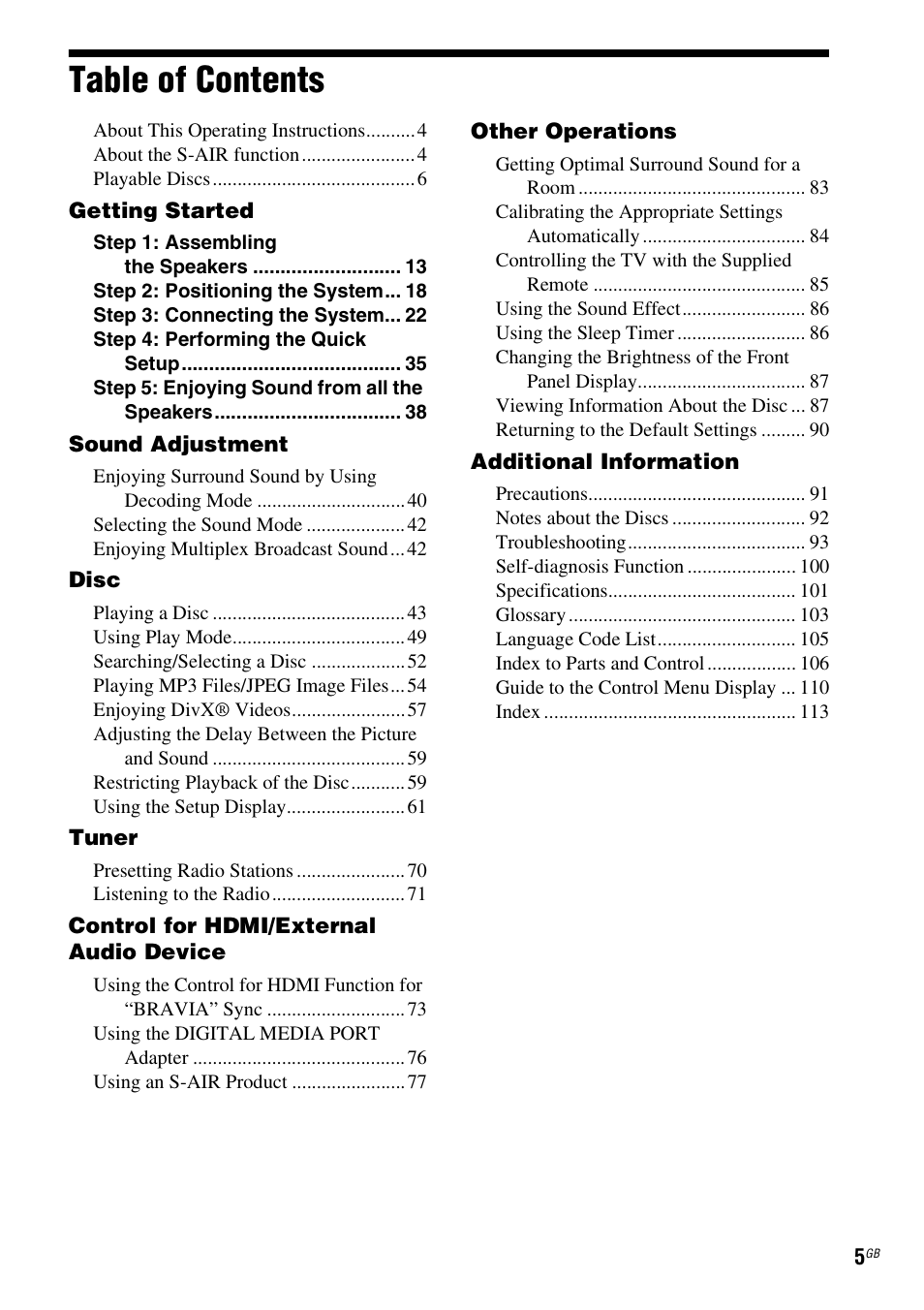 Sony DAV-HDX475 User Manual | Page 5 / 116
