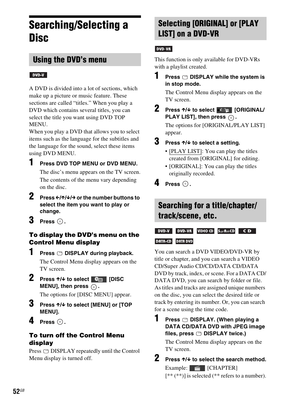 Searching/selecting a disc, Using the dvd’s menu, Selecting [original] or [play list] on a dvd-vr | Searching for a title/chapter/ track/scene, etc | Sony DAV-HDX475 User Manual | Page 52 / 116