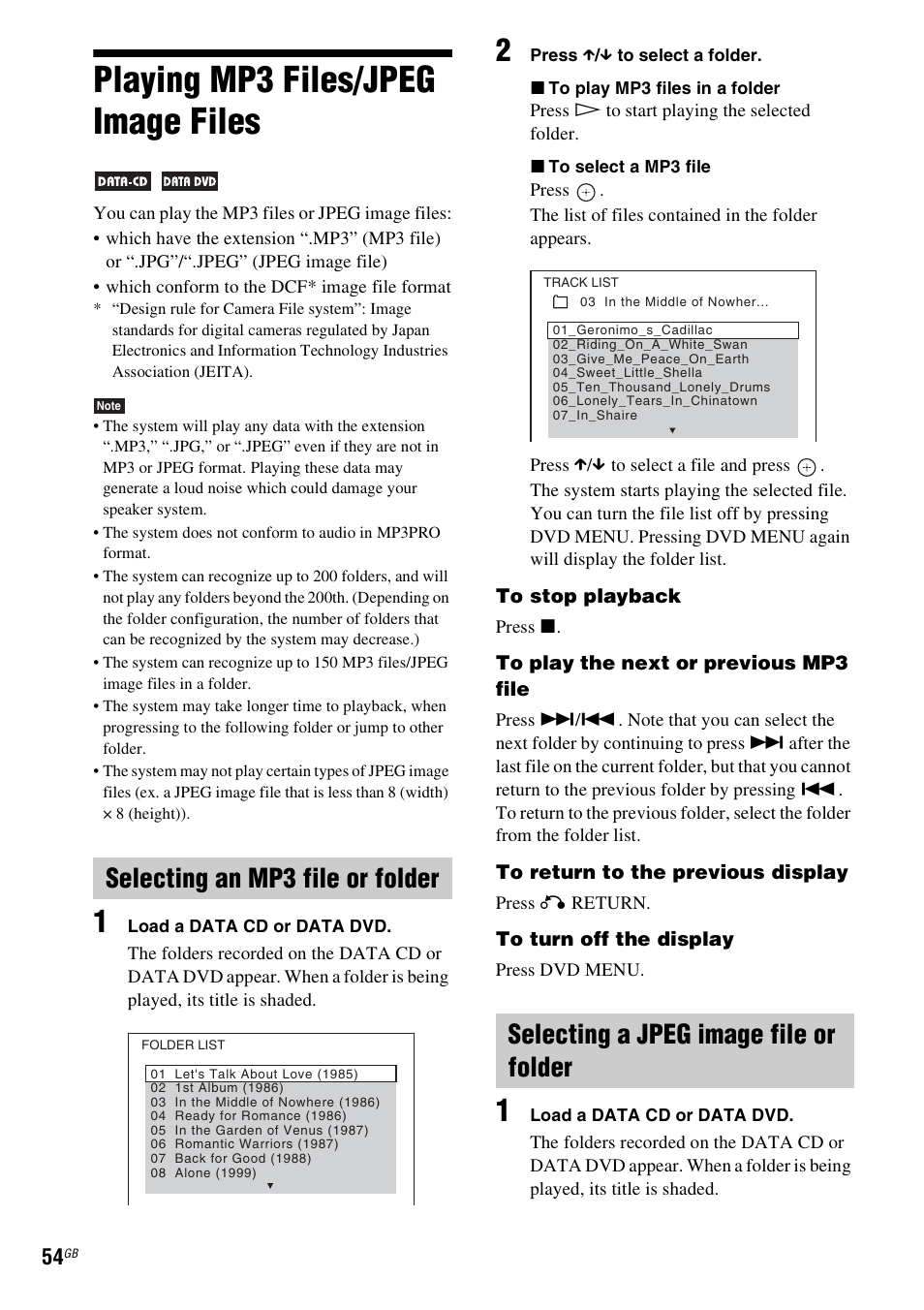 Playing mp3 files/jpeg image files, Selecting an mp3 file or folder, Selecting a jpeg image file or folder | Sony DAV-HDX475 User Manual | Page 54 / 116