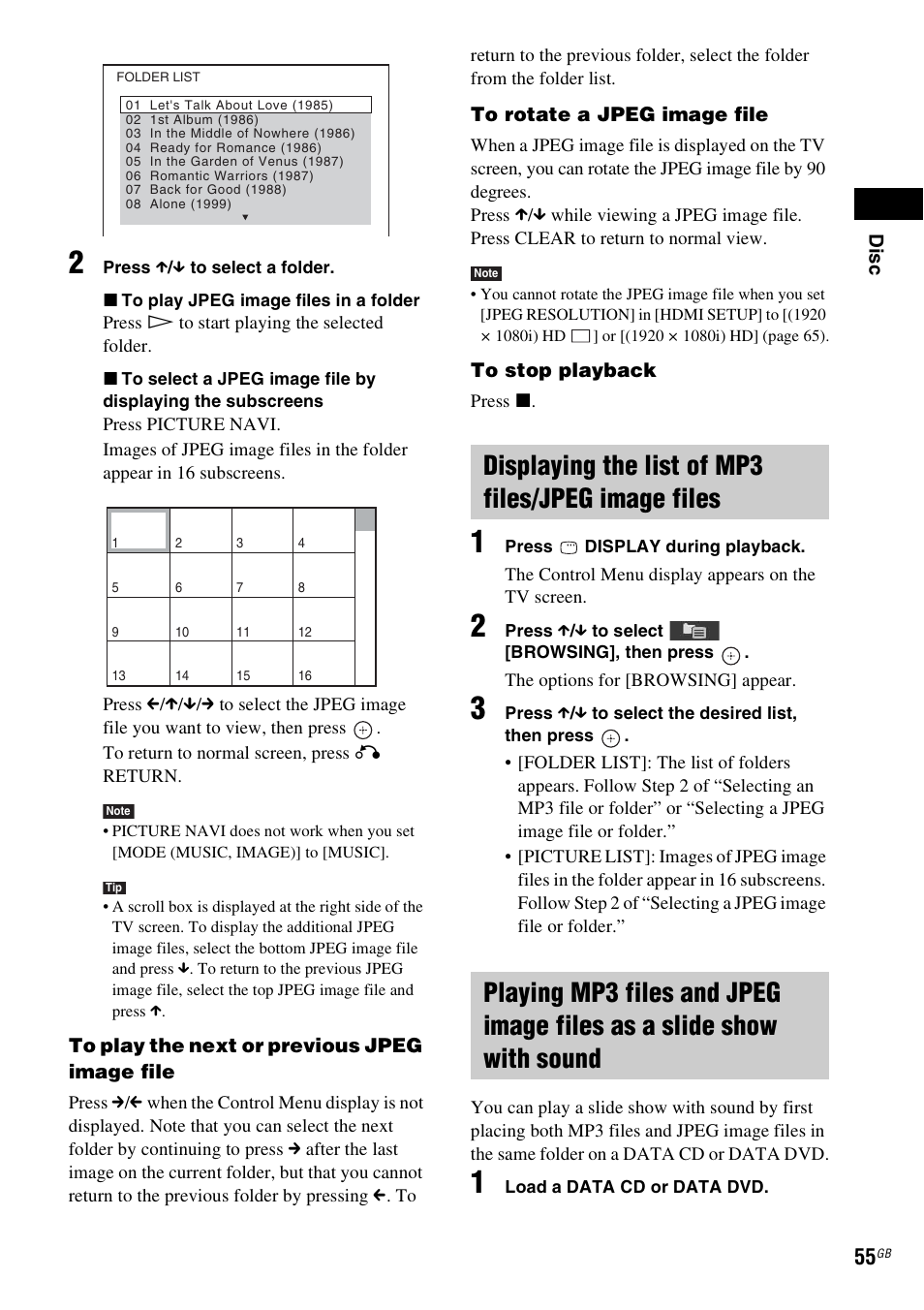 Displaying the list of mp3 files/jpeg image files | Sony DAV-HDX475 User Manual | Page 55 / 116