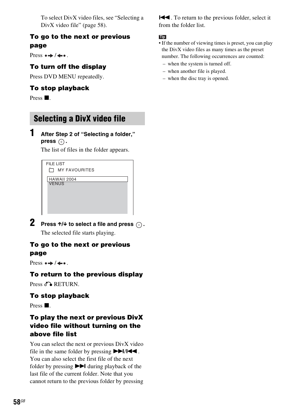 Selecting a divx video file | Sony DAV-HDX475 User Manual | Page 58 / 116