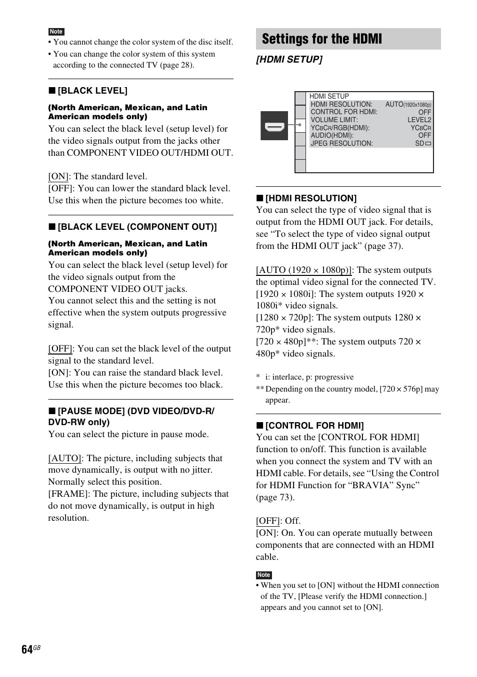 Settings for the hdmi | Sony DAV-HDX475 User Manual | Page 64 / 116