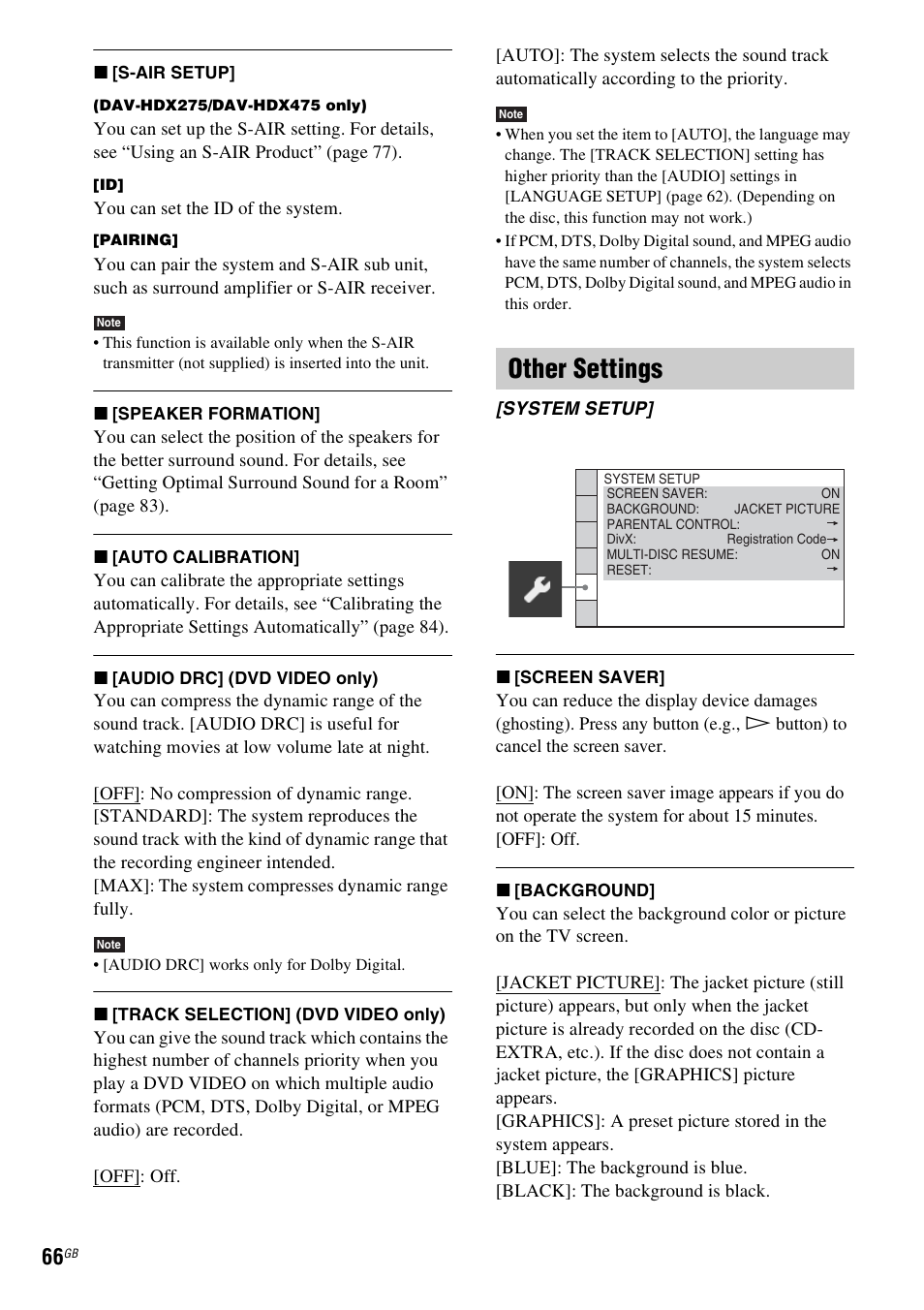 Other settings | Sony DAV-HDX475 User Manual | Page 66 / 116