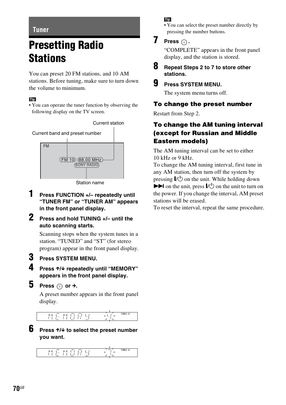 Tuner, Presetting radio stations | Sony DAV-HDX475 User Manual | Page 70 / 116