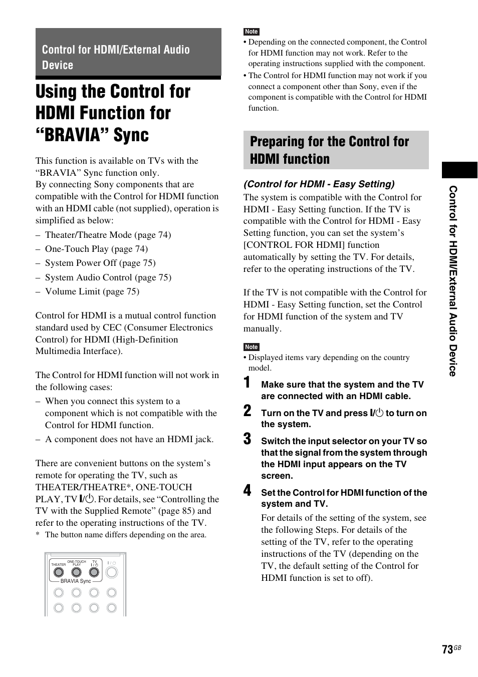 Control for hdmi/external audio device, Preparing for the control for hdmi function, Using the control for hdmi function for | Bravia” sync | Sony DAV-HDX475 User Manual | Page 73 / 116