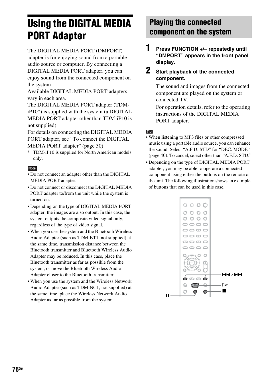 Using the digital media port adapter, Playing the connected component on the system, Using the digital media port | Adapter | Sony DAV-HDX475 User Manual | Page 76 / 116