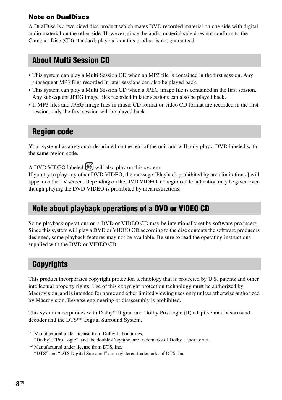 About multi session cd, Region code, Copyrights | Sony DAV-HDX475 User Manual | Page 8 / 116