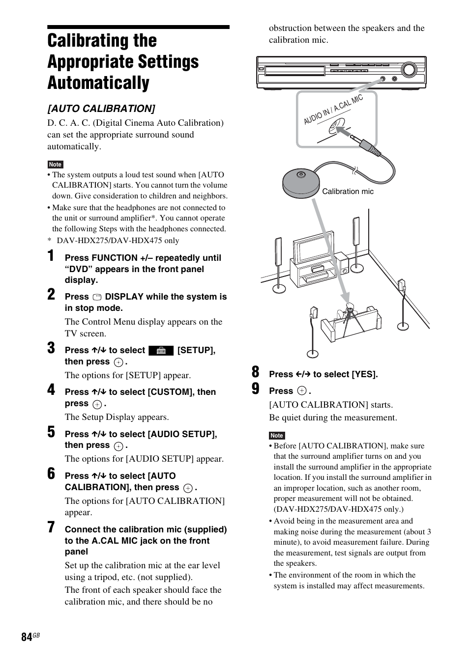 Calibrating the appropriate settings automatically, Calibrating the appropriate settings, Automatically | Sony DAV-HDX475 User Manual | Page 84 / 116