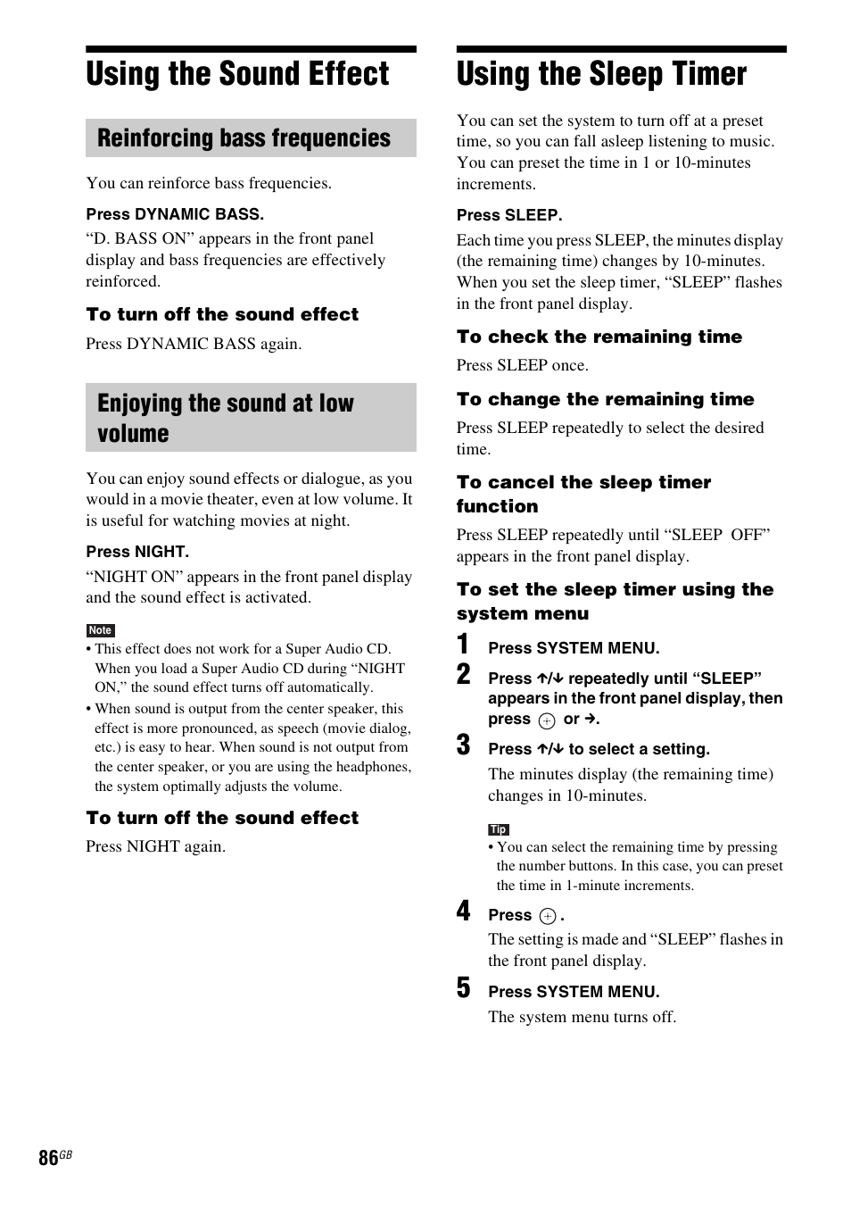 Using the sound effect, Reinforcing bass frequencies, Enjoying the sound at low volume | Using the sleep timer, Using the sound effect using the sleep timer | Sony DAV-HDX475 User Manual | Page 86 / 116