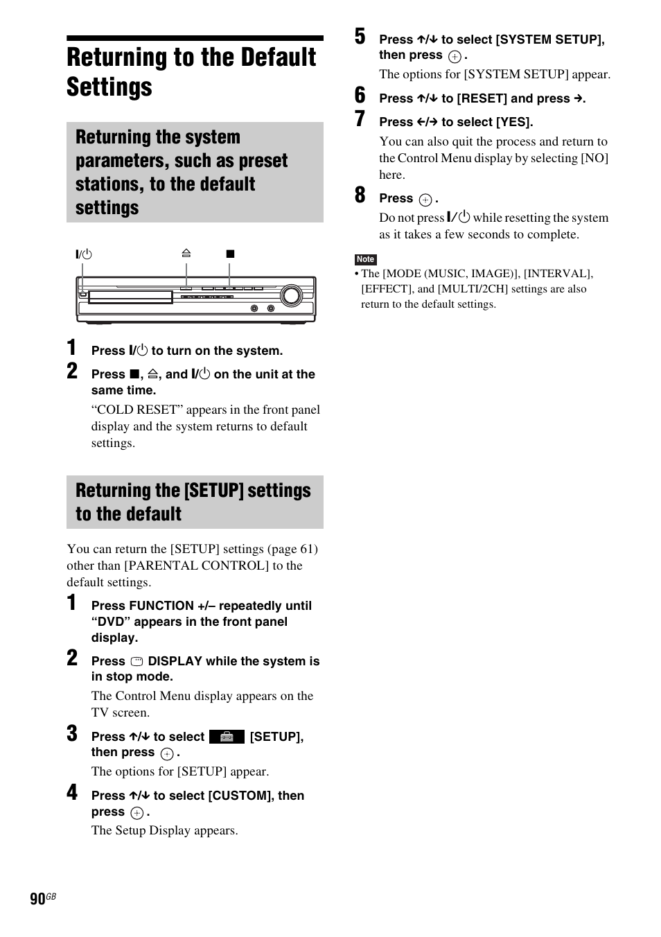 Returning to the default settings, Returning the [setup] settings to the default | Sony DAV-HDX475 User Manual | Page 90 / 116