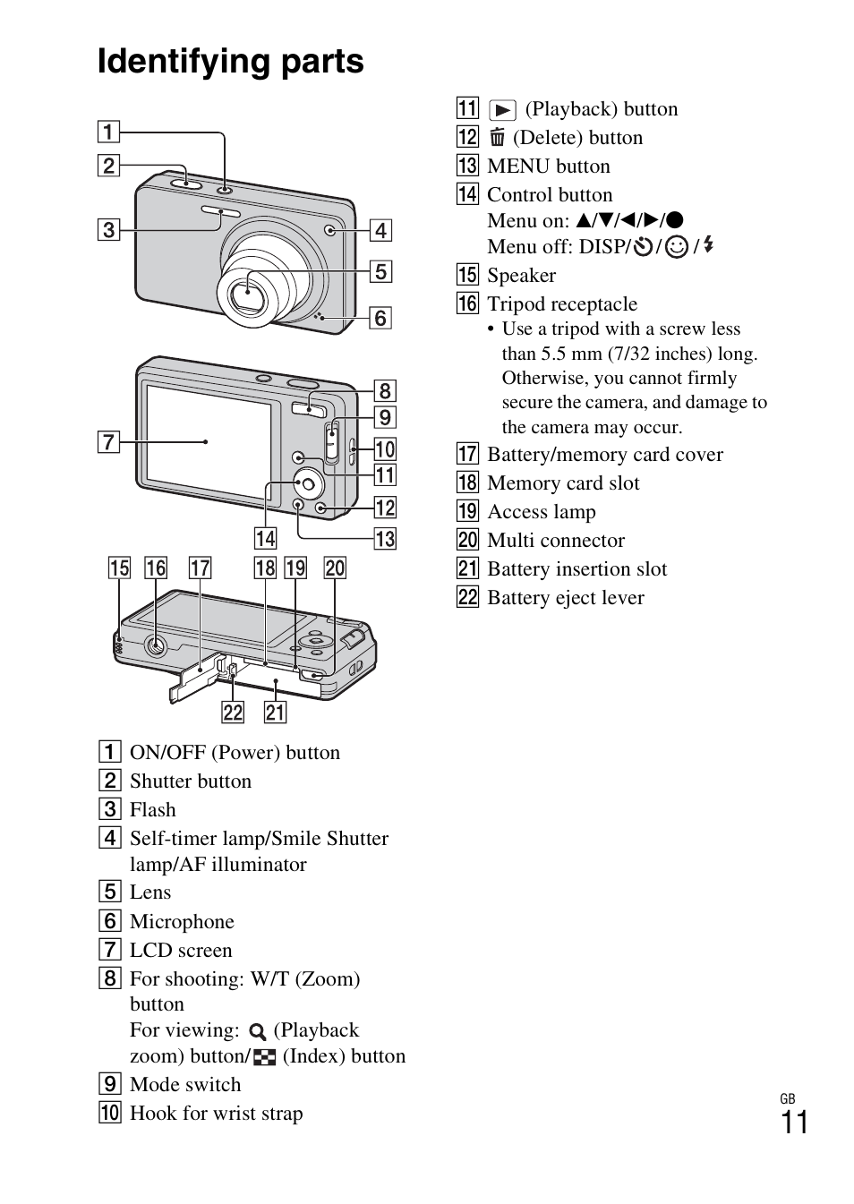 Identifying parts | Sony Cyber-shot 4-166-513-13(1) User Manual | Page 11 / 32
