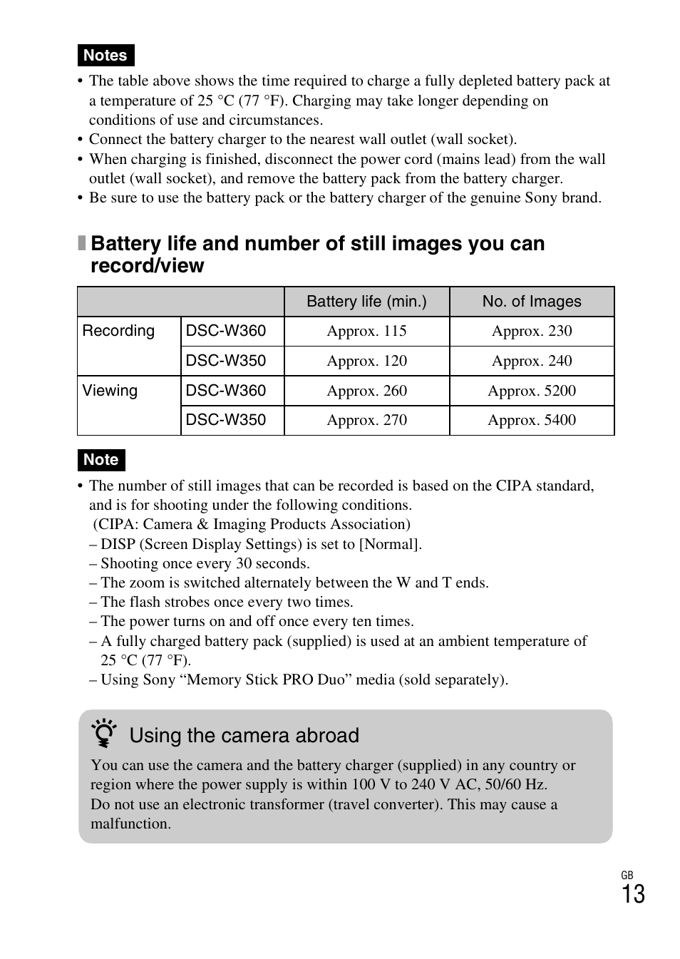Using the camera abroad | Sony Cyber-shot 4-166-513-13(1) User Manual | Page 13 / 32