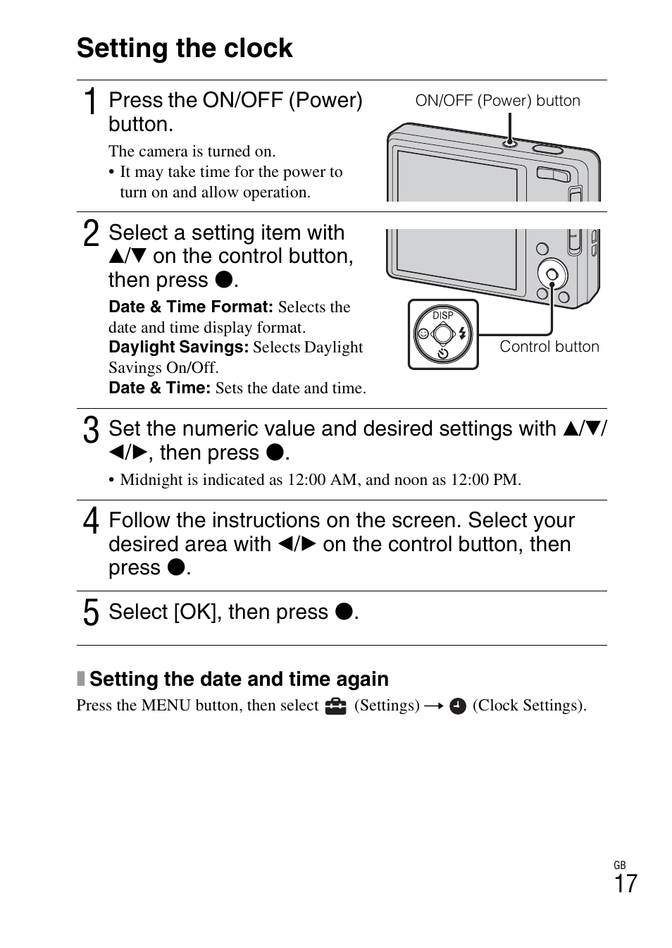 Setting the clock | Sony Cyber-shot 4-166-513-13(1) User Manual | Page 17 / 32