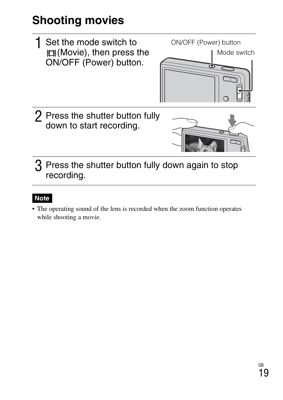 Shooting movies | Sony Cyber-shot 4-166-513-13(1) User Manual | Page 19 / 32
