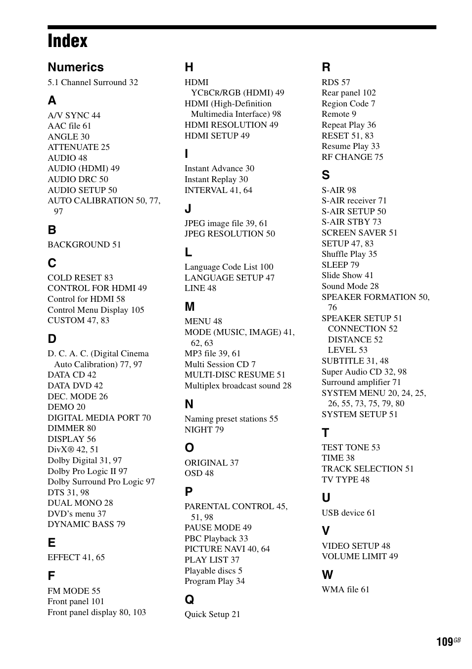 Index, Numerics | Sony DAV-DZ360WA User Manual | Page 109 / 112