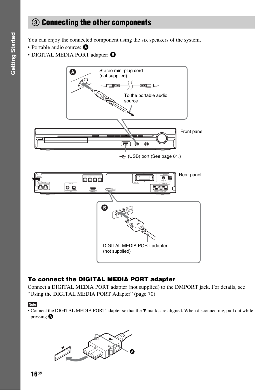 3 connecting the other components, 3connecting the other components, Gettin g star ted | Sony DAV-DZ360WA User Manual | Page 16 / 112