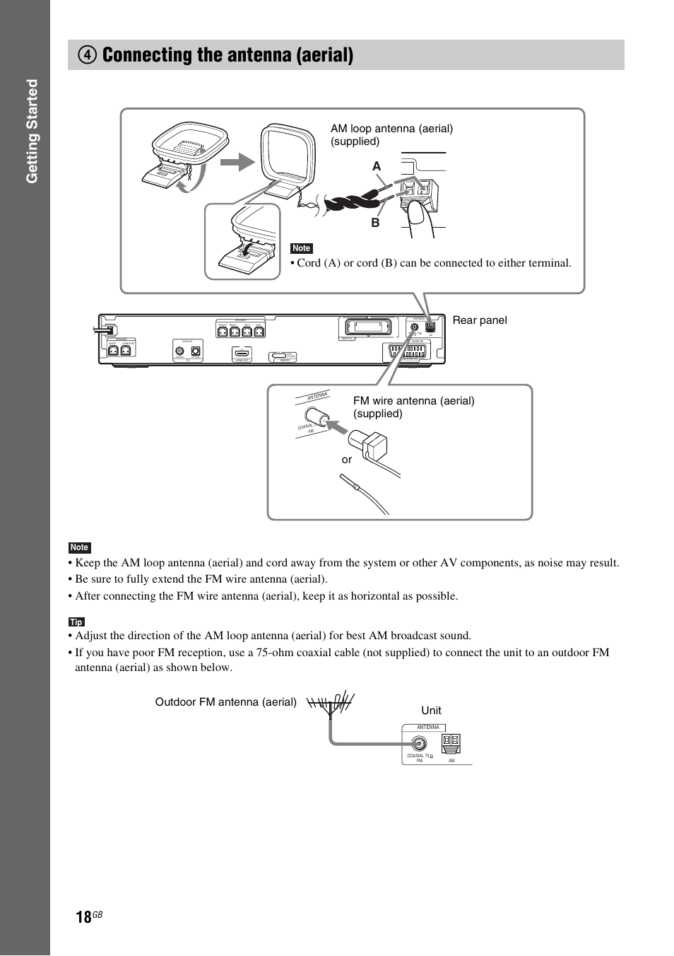 4 connecting the antenna (aerial), 4connecting the antenna (aerial), Gettin g star ted | Outdoor fm antenna (aerial) unit | Sony DAV-DZ360WA User Manual | Page 18 / 112