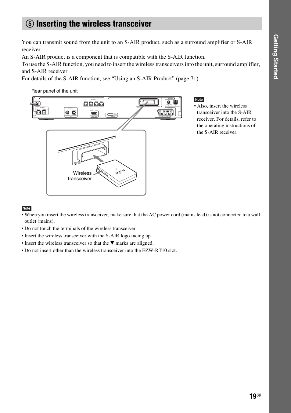 5 inserting the wireless transceiver, 5inserting the wireless transceiver, Ge tting star te d | Rear panel of the unit wireless transceiver | Sony DAV-DZ360WA User Manual | Page 19 / 112