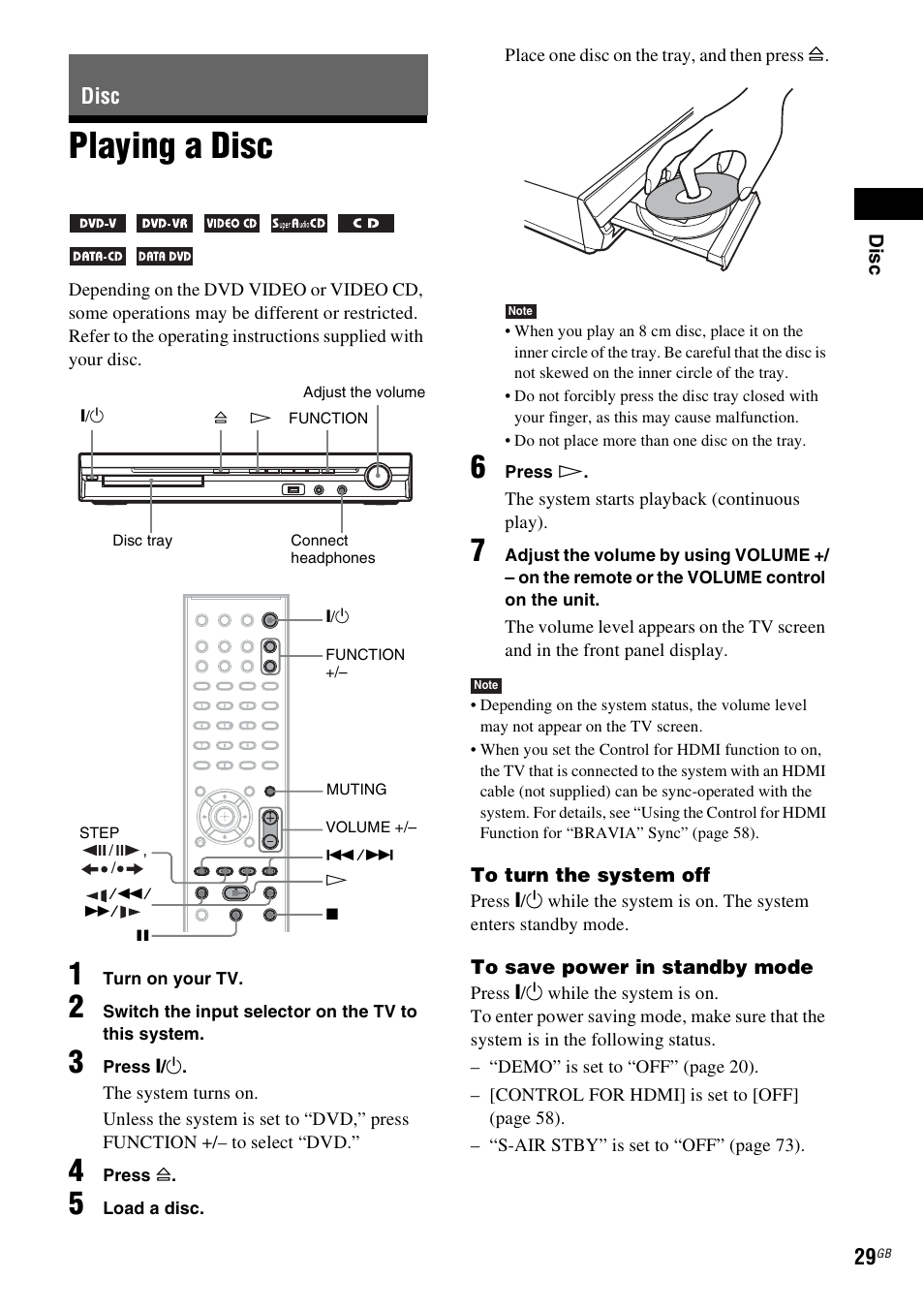 Disc, Playing a disc | Sony DAV-DZ360WA User Manual | Page 29 / 112