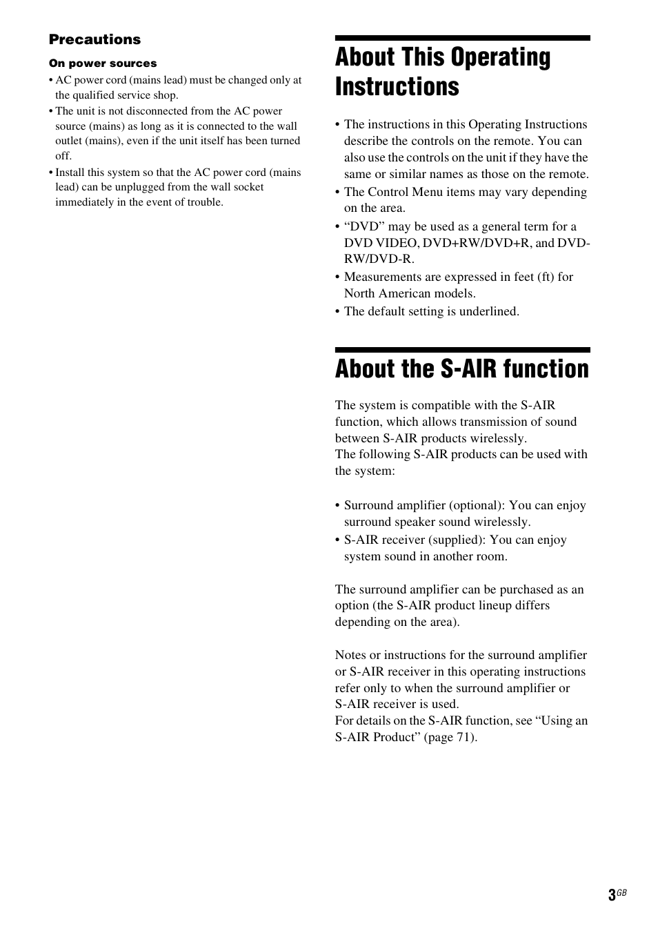 About this operating instructions, About the s-air function | Sony DAV-DZ360WA User Manual | Page 3 / 112