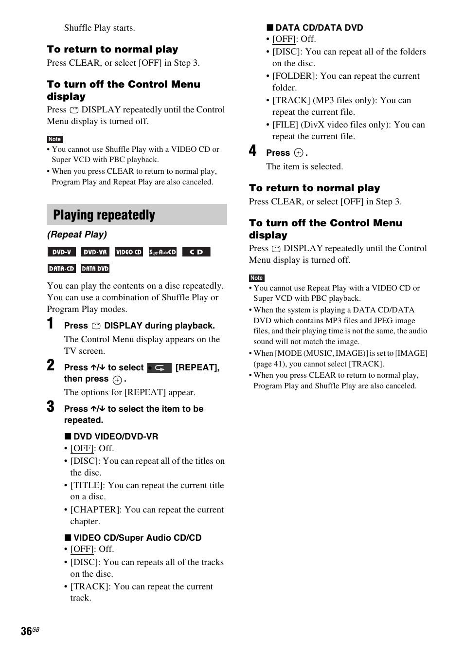 Playing repeatedly | Sony DAV-DZ360WA User Manual | Page 36 / 112