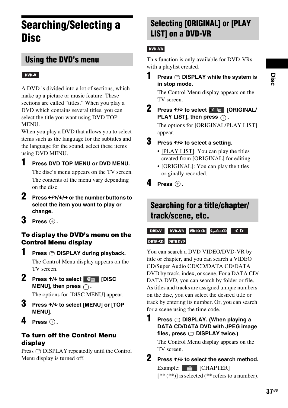 Searching/selecting a disc, Using the dvd’s menu, Selecting [original] or [play list] on a dvd-vr | Searching for a title/chapter/ track/scene, etc | Sony DAV-DZ360WA User Manual | Page 37 / 112