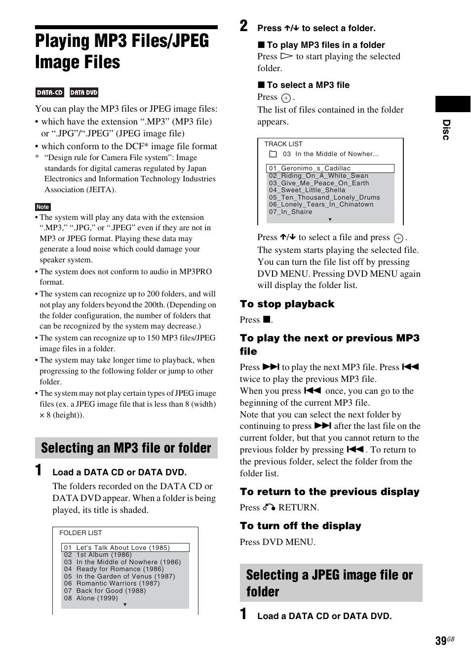 Playing mp3 files/jpeg image files, Selecting an mp3 file or folder, Selecting a jpeg image file or folder | Sony DAV-DZ360WA User Manual | Page 39 / 112