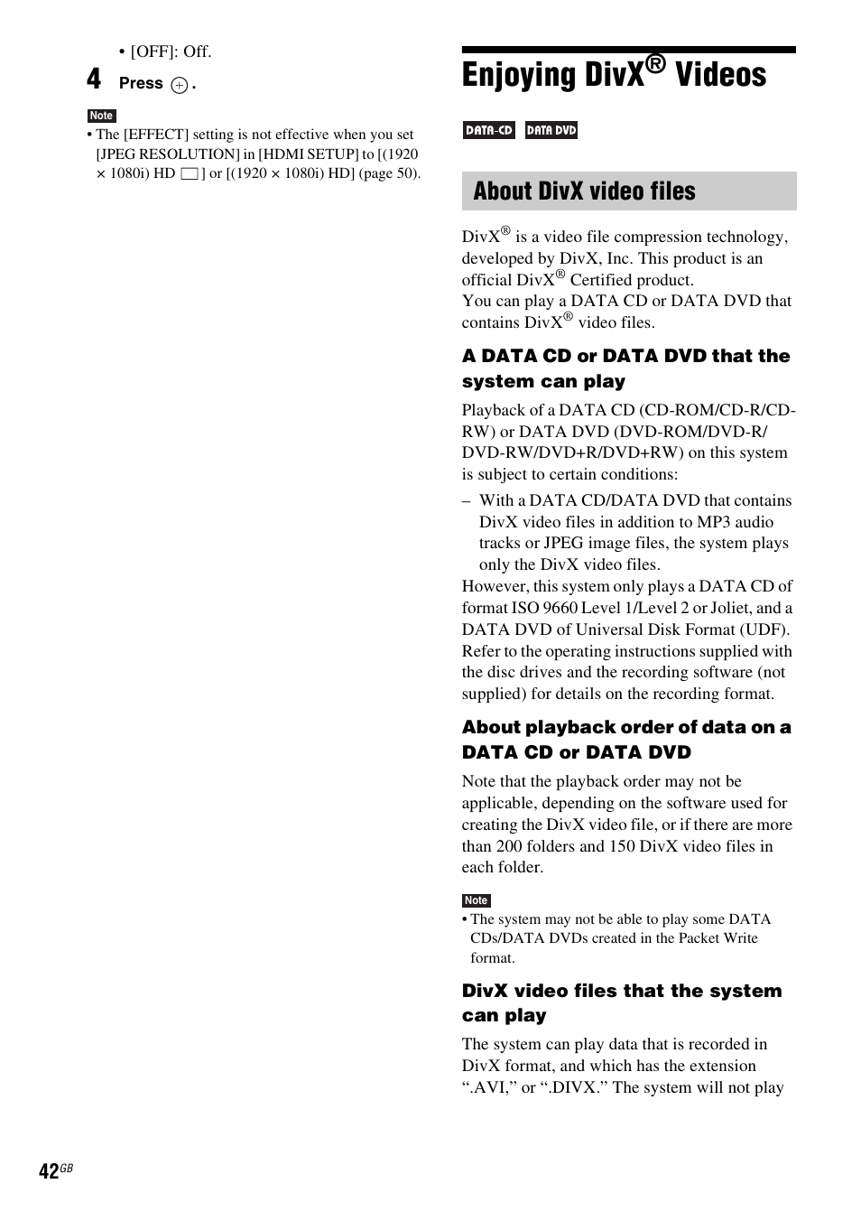 Enjoying divx® videos, About divx video files, Enjoying divx | Videos | Sony DAV-DZ360WA User Manual | Page 42 / 112