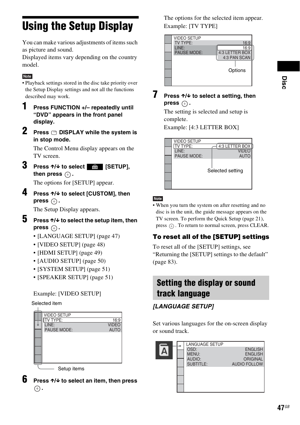 Using the setup display, Setting the display or sound track language, Using | Sony DAV-DZ360WA User Manual | Page 47 / 112